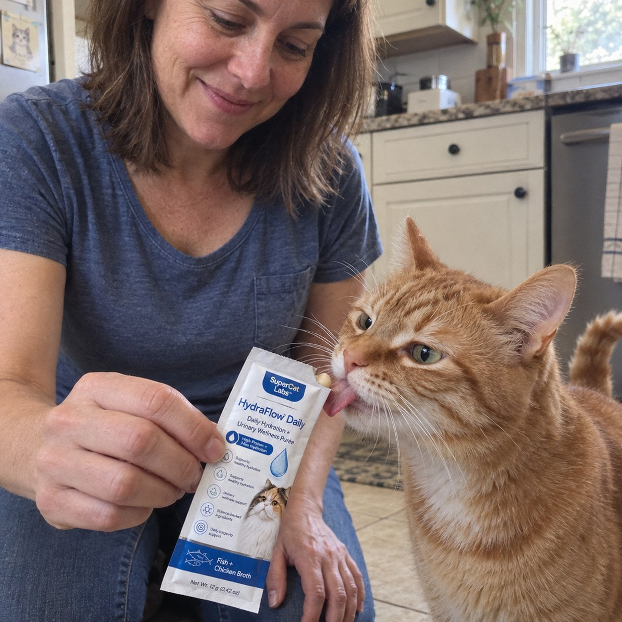 An owner offering a HydraFlow Daily sachet