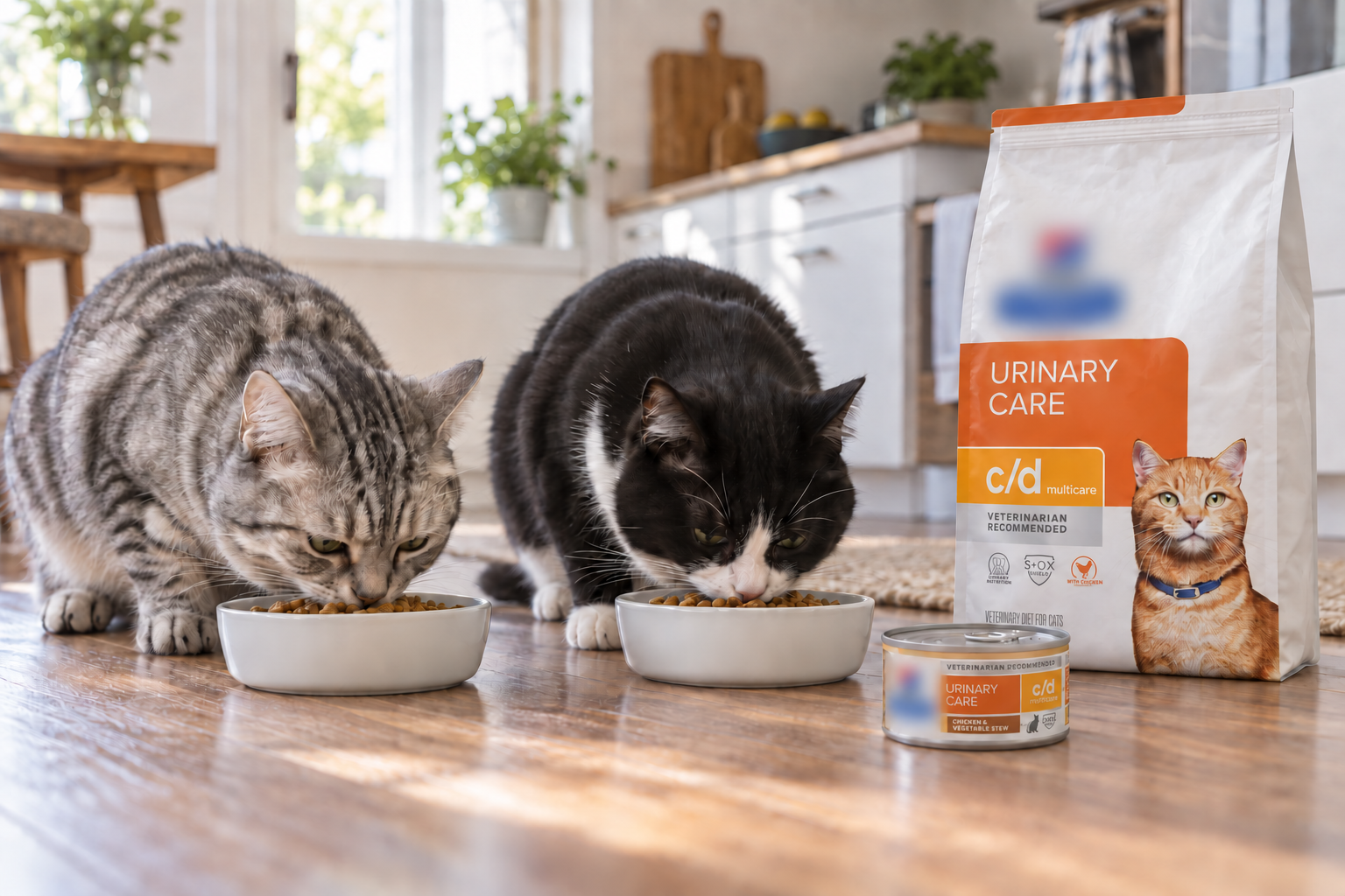Two cats eating beside urinary-care prescription cat food
