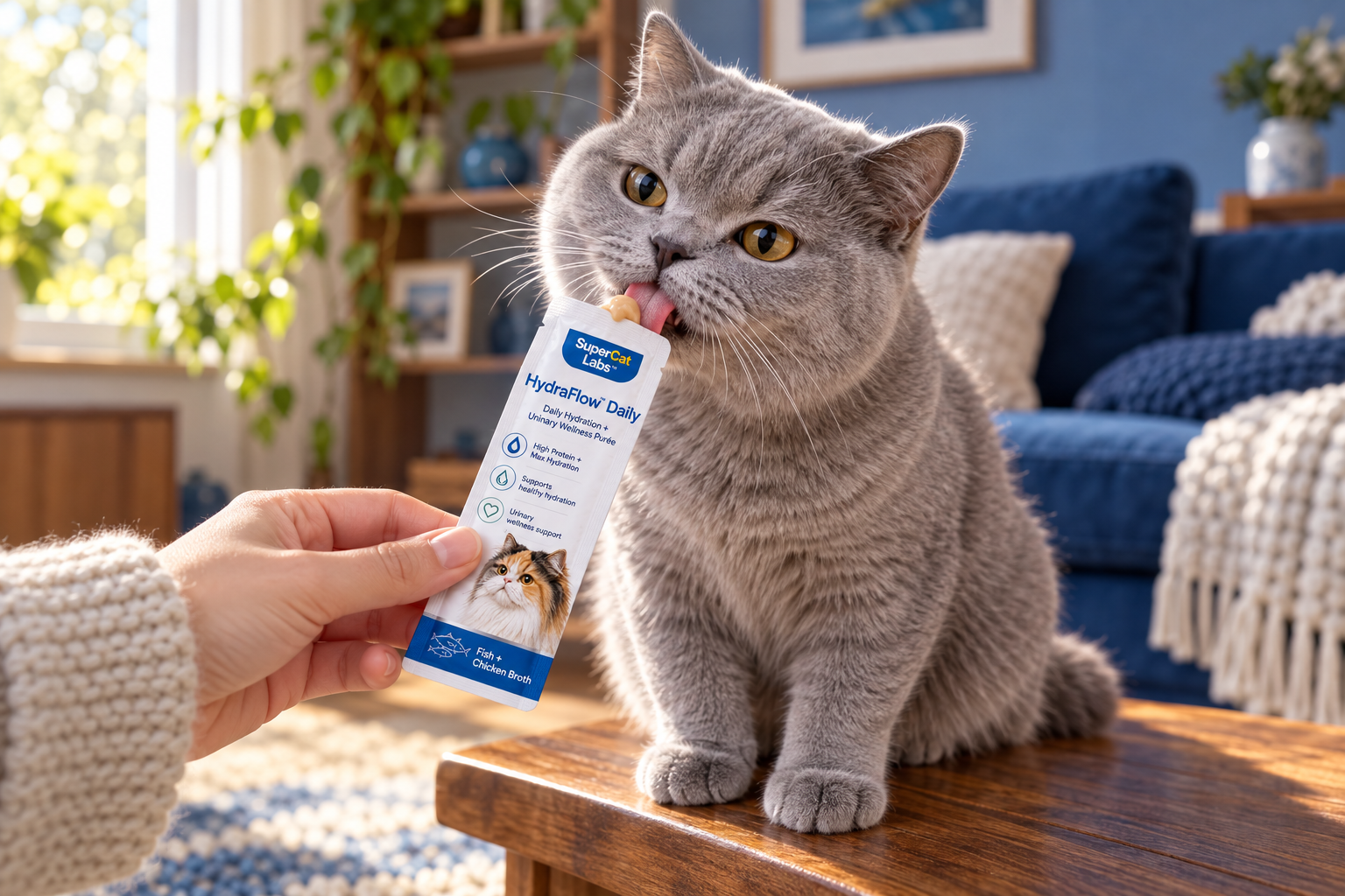 Cat owner offering a sachet separately from a bowl of soup